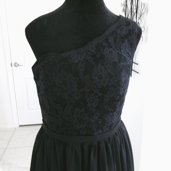 New Black One Shoulder Chiffon Gown Formal Dress M 6 S 4 Lace Top VNAIX Wedding - Picture 3 of 15